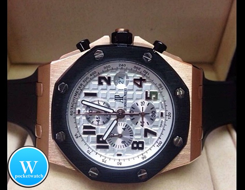 นาฬิกา Audemars Piguet Royal Oak Offshore Chrono เกรด Mirror สี Pink Gold กรอบสีดำ สายยางสีดำ หน้าปัดสีขาว ดีไซร์สปอตสวยสุดๆ