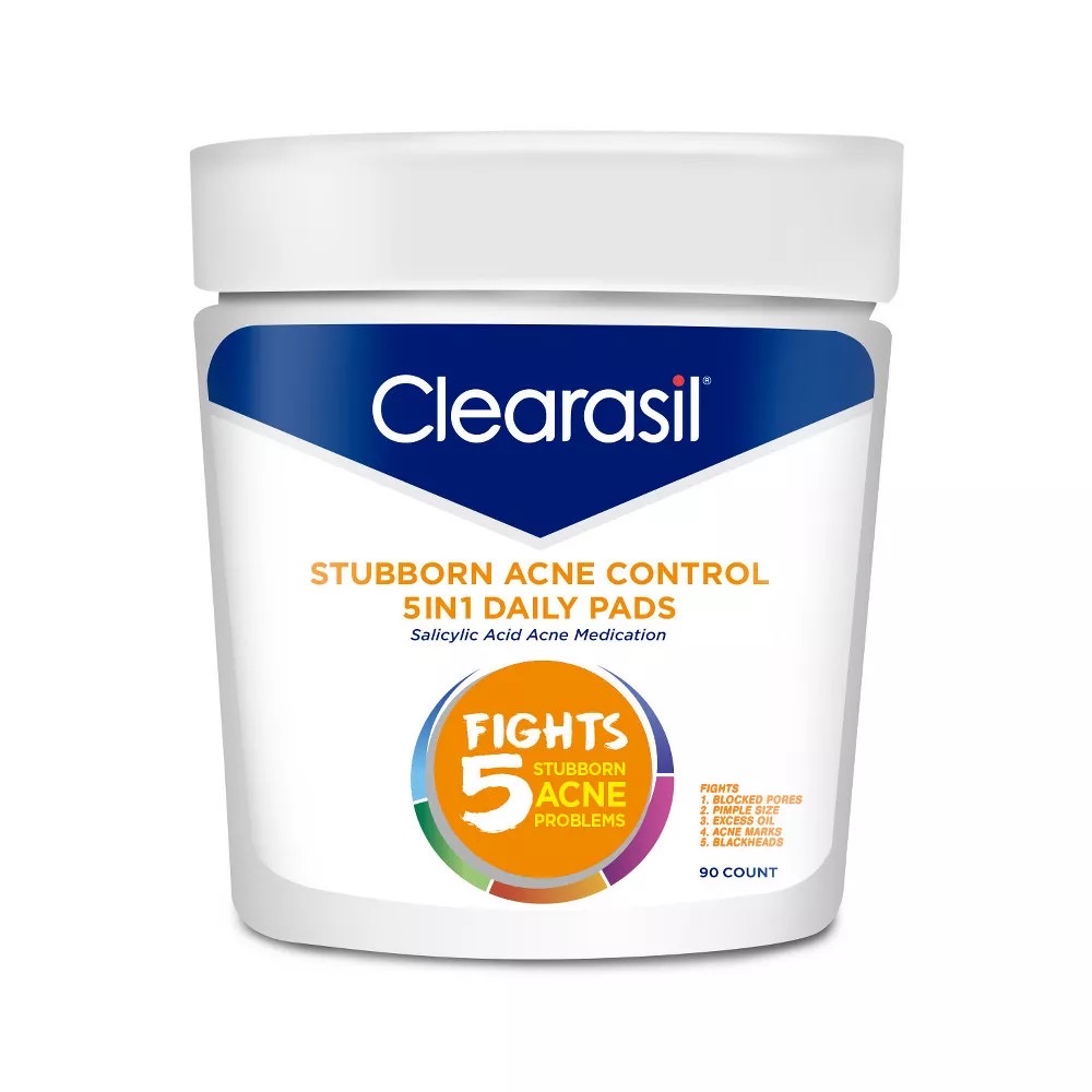 แผ่นเช็ดทำความสะอาดผิวหน้า Clearasil Stubborn Acne Control 5-in-1 Daily Pads
