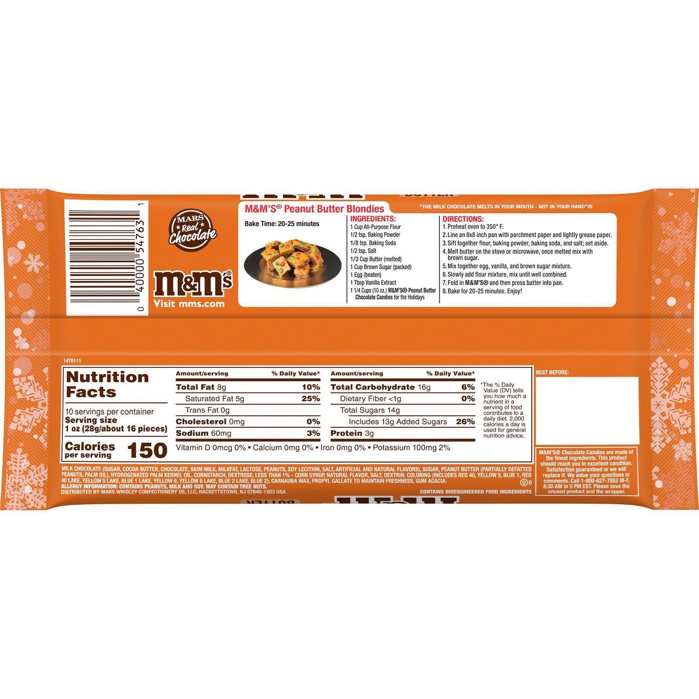 ขนมช็อกโกแลตคริสมาสต์ M&M's Holiday Chocolate Candies - Peanut Butter