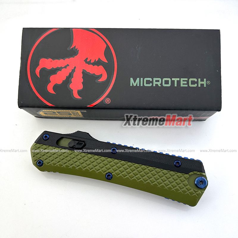 มีดสปริงขนาดใหญ่ Microtech (ด้ามอลูมินั่ม 2-Tone) 2คมเรียบ ใบดำ ด้ามเขียว คลิปสีน้ำเงิน Combat Troodon Automatic Knife