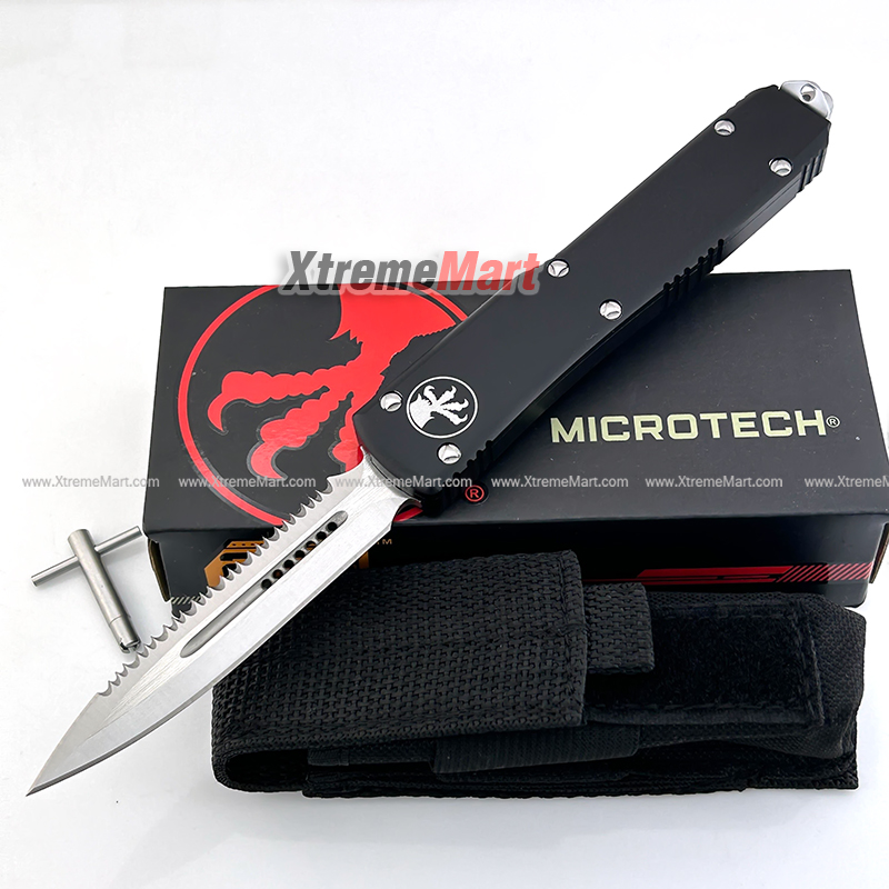 มีดสปริงขนาดกลาง Microtech (New Ultratech) หนึ่งคมหนึ่งหยัก ใบเงิน Combat Troodon 00556 D/E Automatic Knife