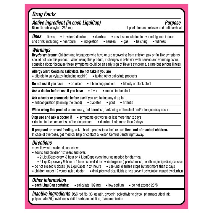 ยาบรรเทาอาการในระบบย่อยอาหาร Pepto-Bismol Upset Stomach Reliever / Antidiarrheal LiquiCaps (12 LiquiCaps)