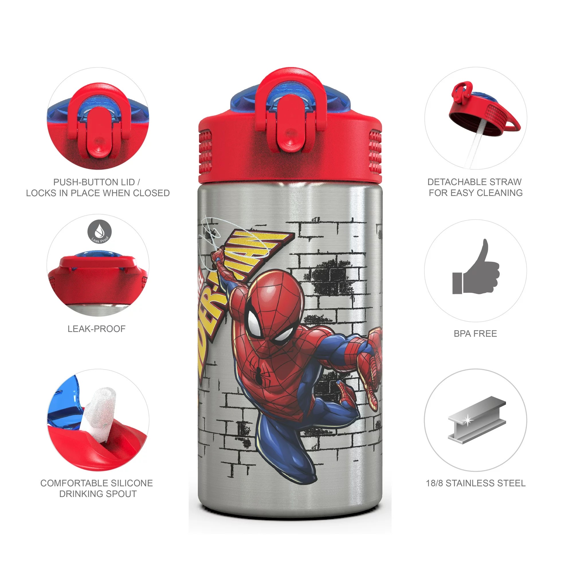 กระติกน้ำสเตนเลสพร้อมหลอดดื่ม Zak! Spider-Man 16 Oz. Stainless Steel Water Bottle (Classic)