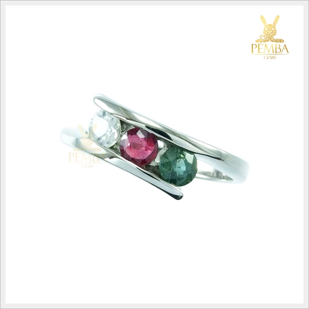 แหวนพลอย 3 สี เงินแท้925 ชุบทองคำขาว แหวนพลอยแท้