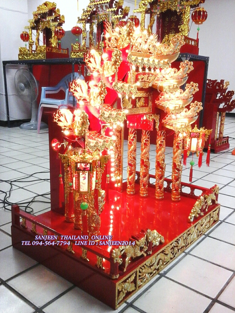 ตี่จู้เอี๊ยะ ๓๕ นิ้ว ๗ หลังคา ๘เสามังกร ๘ปลา ๘หงส์ ปิดทองคำเปลวเต็ม