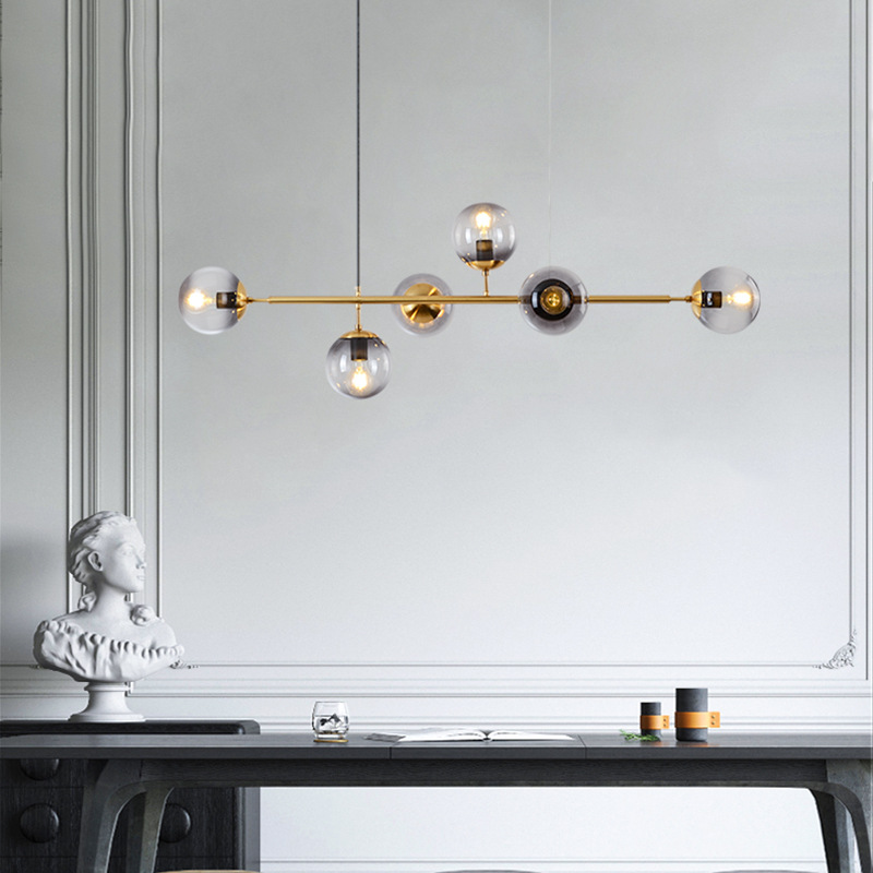 โคมไฟแขวนเพดาน Modern Luxury โป๊ะโคมแก้วทรงกลม 6 ดวง โครงสีทอง [LJ-6362]