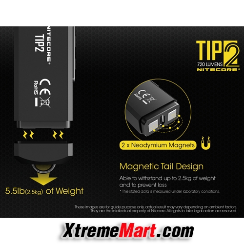 ไฟฉายพวงกุญแจ Nitecore TIP2 สว่าง 720ลูเมน แสงขาว มีแม่เหล็กด้านท้าย, pocket clip ถอดได้ ชาร์จ USB(สีดำ)