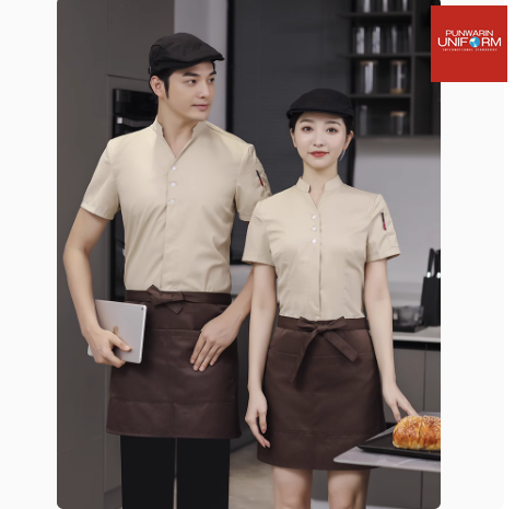 เครื่องแบบชุดฟอร์มพนักงานร้านอาหารกาแฟโรงแรม ชุดพนักงานต้อนรับ แขนสั้นกระดุมหน้า F6805003 น้ำตาลอ่อน M-5XL