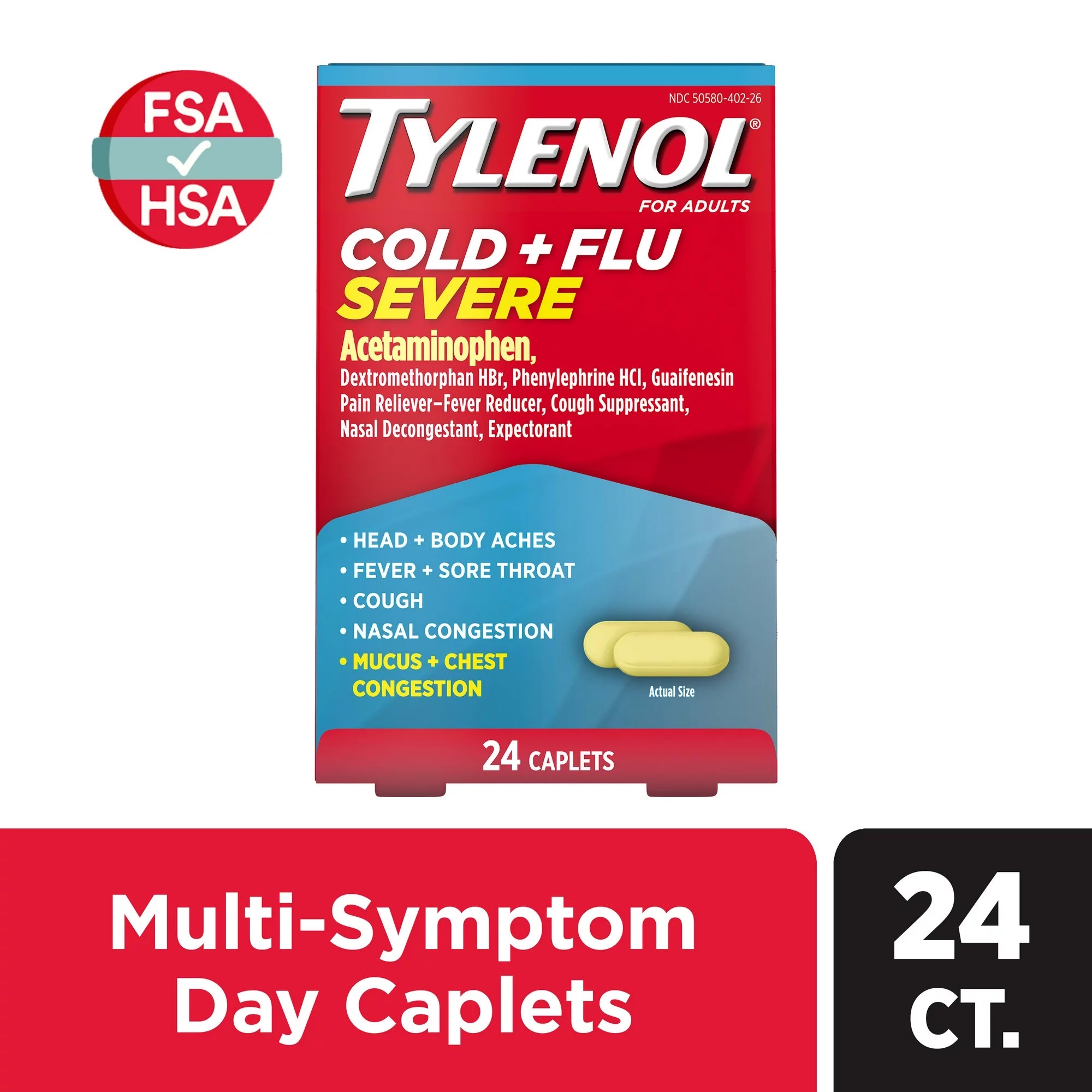 ยาบรรเทาอาการหวัดและไข้หวัดสูตรเข้มข้น TYLENOL Cold + Flu SEVERE Day & Night Time Relief (Total 24 Caplets)