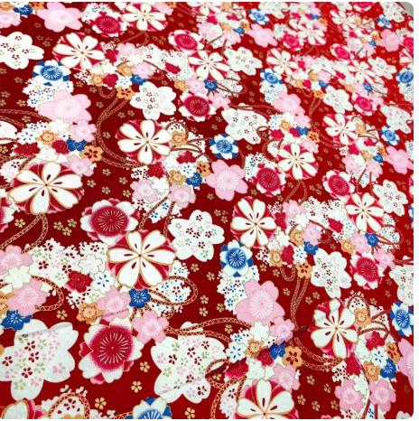 ผ้าสไตล์ญี่ปุ่น ผ้าคอตตอนพิมพ์ลายร้อน ลายนกฟลามิงโก้ ลายคลื่นทะเลใส ลายนกกระเรียน ผ้าลายดอกซากุระ SKU-03521 สีภาพ เมตร