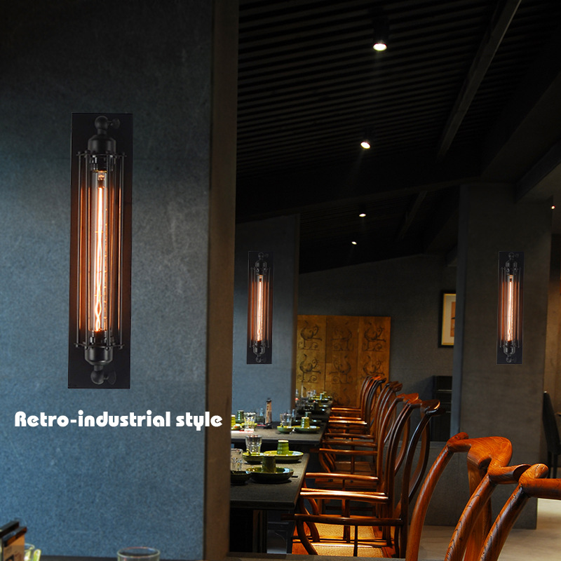 โคมไฟติดผนังภายในเหล็กสีดำสไตล์ Loft ทรงยาวพร้อมหลอด LED T300 [BK1016-W-1L]