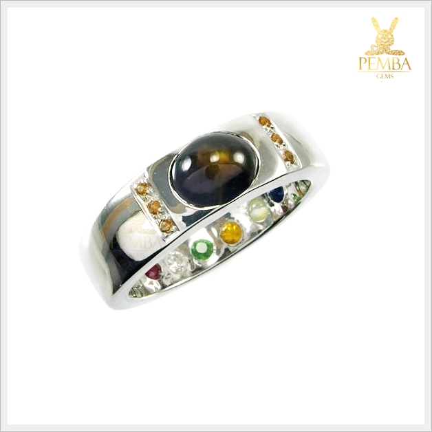 แหวนสตาร์บุษราคัมแท้ บางกะจะ ขาทอง เงินแท้925 ชุบทองคำขาว