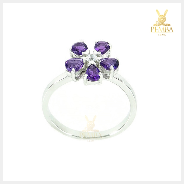 แหวนอเมทิสต์แท้ อัญมณีสีม่วงสดใส ดีไซน์ดอกไม้ทรงหยดน้ำ