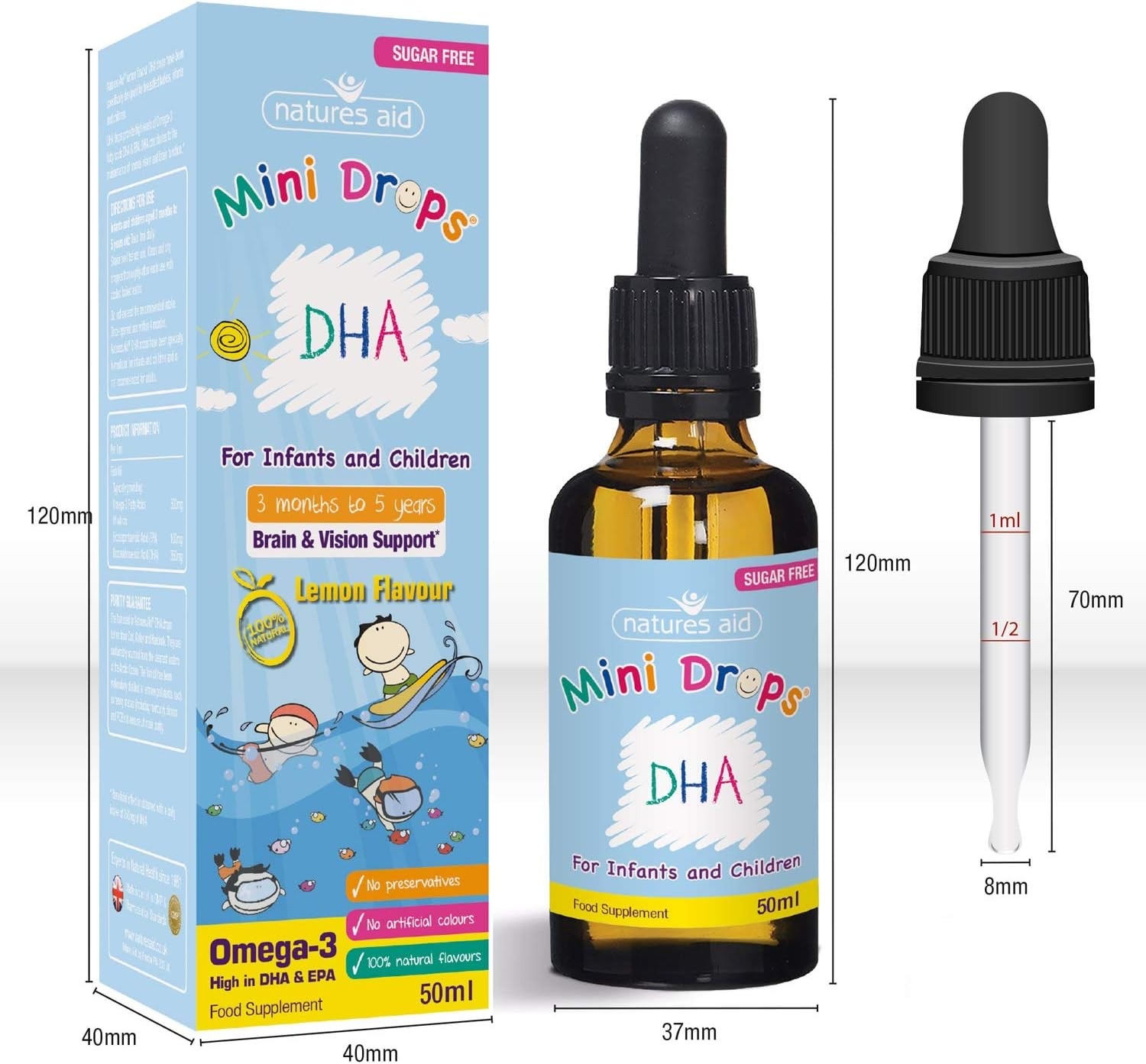 วิตามินบำรุงสมองสำหรับเด็ก Natures Aid Mini Drops DHA Omega-3 Brain & Vision Support