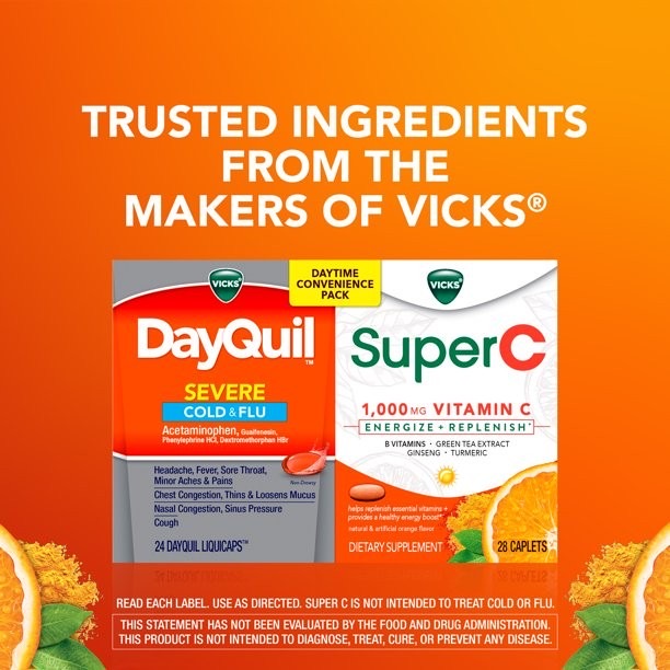 วิตามินบำรุงพร้อมยาบรรเทาอาการหวัด Vicks Super C + DayQuil SEVERE Cold & Flu Convenience Pack (52-Count)