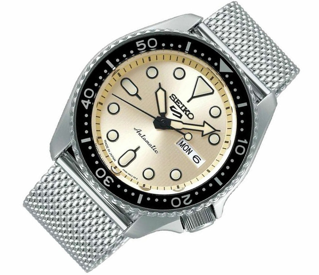 Karnvera Shop นาฬิกาข้อมือผู้ชาย Seiko 5 Sports Champagne Dial Stainless Steel Mesh Automatic SRPE75K1 Mens Watch