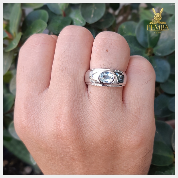 แหวนอะความารีนแท้ เงินแท้925 ชุบทองคำขาว ดีไซน์เรียบๆ ดูดีมีสไตล์