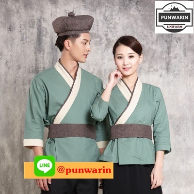 ชุดพนักงานร้านอาหารจีน ซูชิ บริกรชายและหญิง ห้องจัดเลี้ยง ร้านอาหารหม้อไฟหมาล่า CH6607006 เขียว แดง ดำ ฟ้า S M L XL XXL XXXL