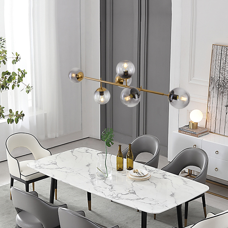 โคมไฟแขวนเพดาน Modern Luxury โป๊ะโคมแก้วทรงกลม 6 ดวง โครงสีทอง [LJ-6362]