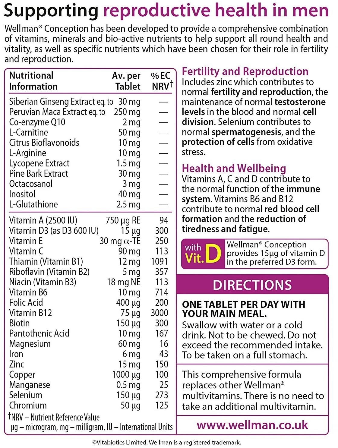 วิตามินบำรุงร่างกายเพื่อการมีบุตรสำหรับผู้ชาย Vitabiotics Wellman Conception