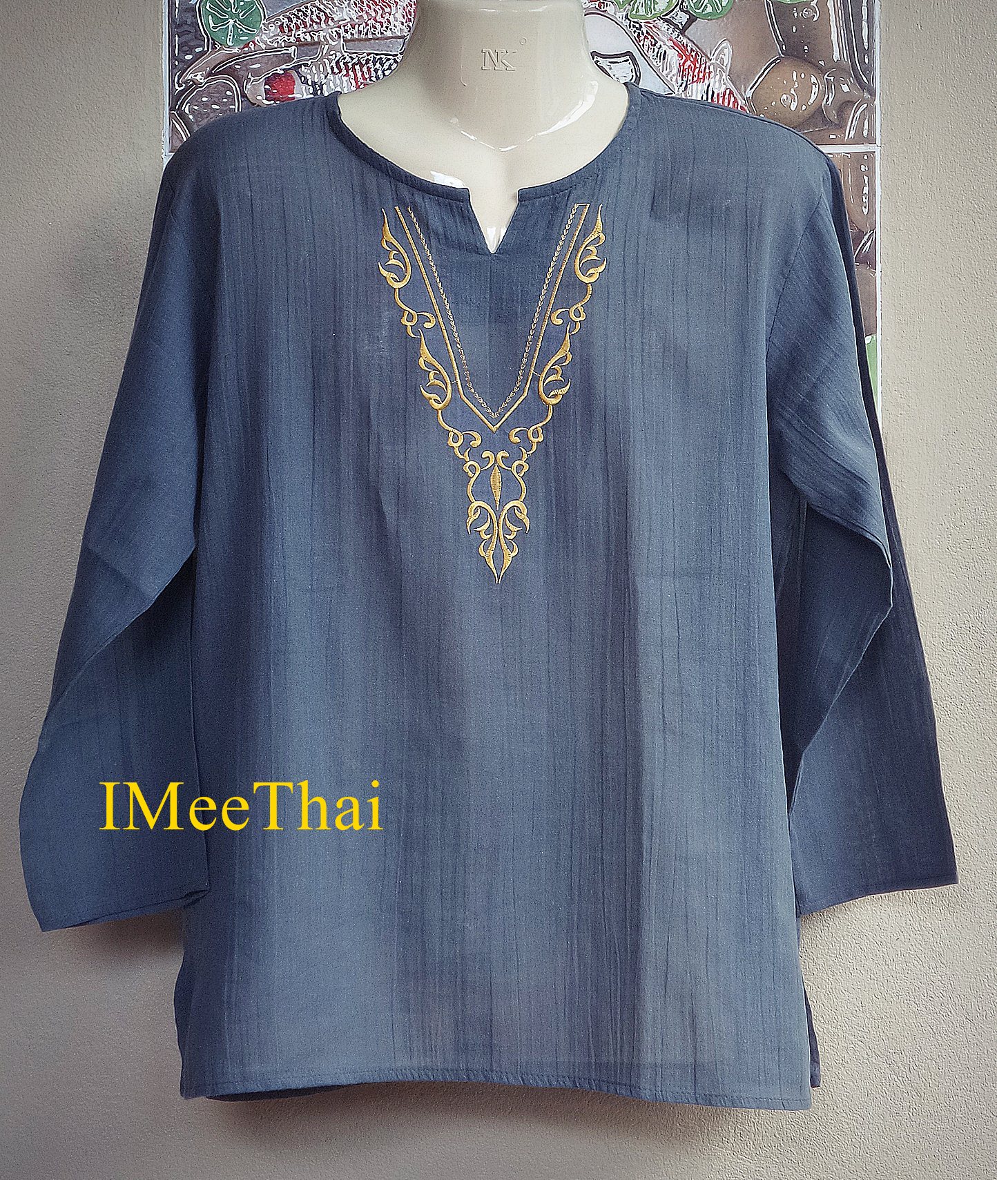 เสื้อ ลายไทย สีเทา ลายกนกสีทอง