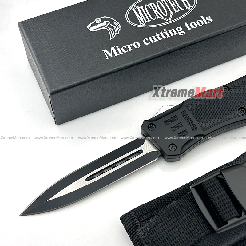 มีดสปริงตรง คม 2 ด้าน Microtech Combat Troodon ขนาดใหญ่ คลิปสีดำ 00556 D/E Automatic Knife Camping Tool (Dual Front)