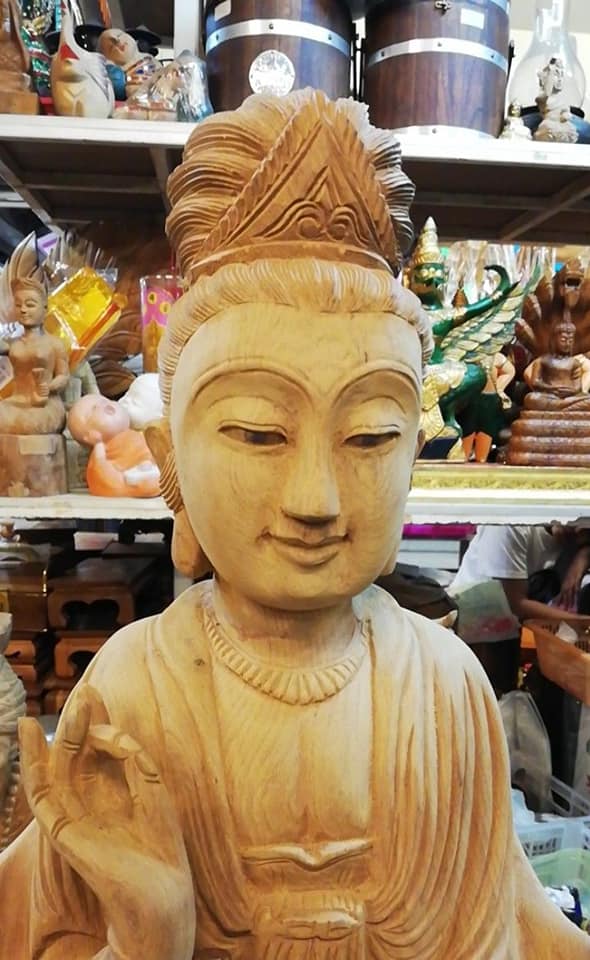 พระแม่กวน เจ้าแม่กวนอิม ไม้สักแกะสลัก (สูง 34 นิ้ว)