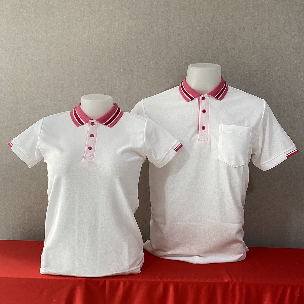 เสื้อฟอร์มพนักงาน เสื้อยืดปกโปโล เสื้อโปโลแขนสั้น สีขาวปกชมพู พร้อมส่ง SKU-02996 สีภาพ S-2XL