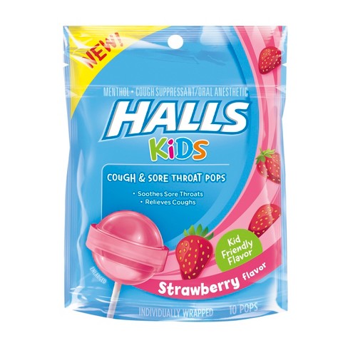 อมยิ้มบรรเทาอาการไอระคายคอสำหรับเด็ก HALLS Kids Sore Throat & Cough Pops (Strawberry)