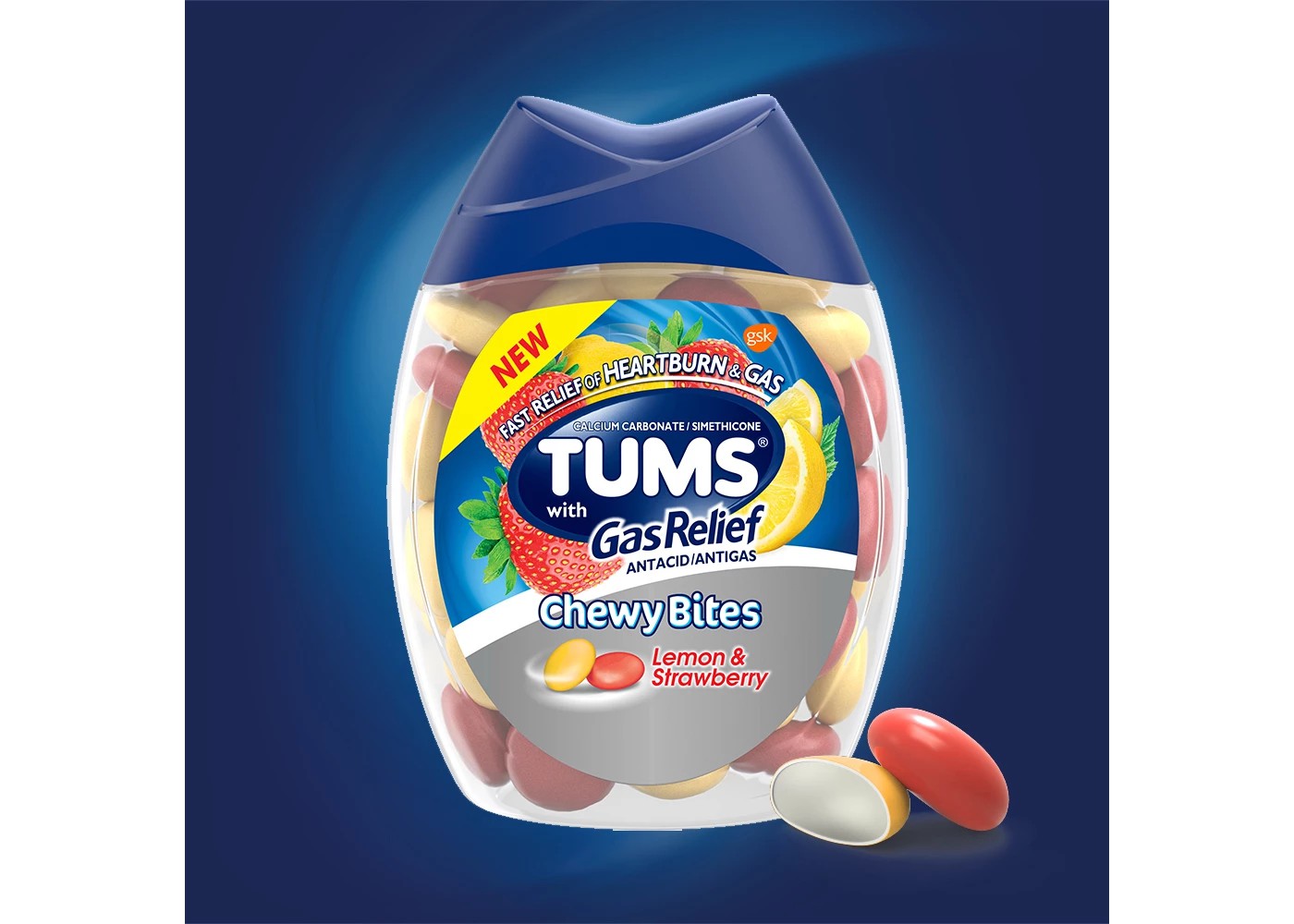 เม็ดเคี้ยวบรรเทาอาการกรดไหลย้อนและก๊าซในกระเพาะอาหาร TUMS Antacid Chewy Bites + Gas Relief - Lemon & Stawberry (28 Chewable Tablets)