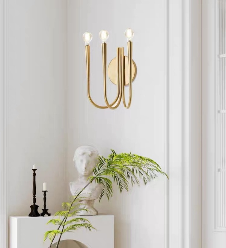 โคมไฟติดผนังภายในเหล็กทรงโค้งเส้นตรงตัว U ไฟ 3 ดวง สไตล์ Northern Europe [3H-EW]