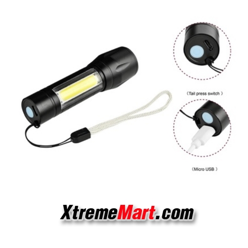 ไฟฉายซูมขนาดเล็ก+โคมไฟ COB ด้านข้าง แสงขาว 3 โหมด พร้อมสายชาร์จ USB ชาร์จได้ในตัว