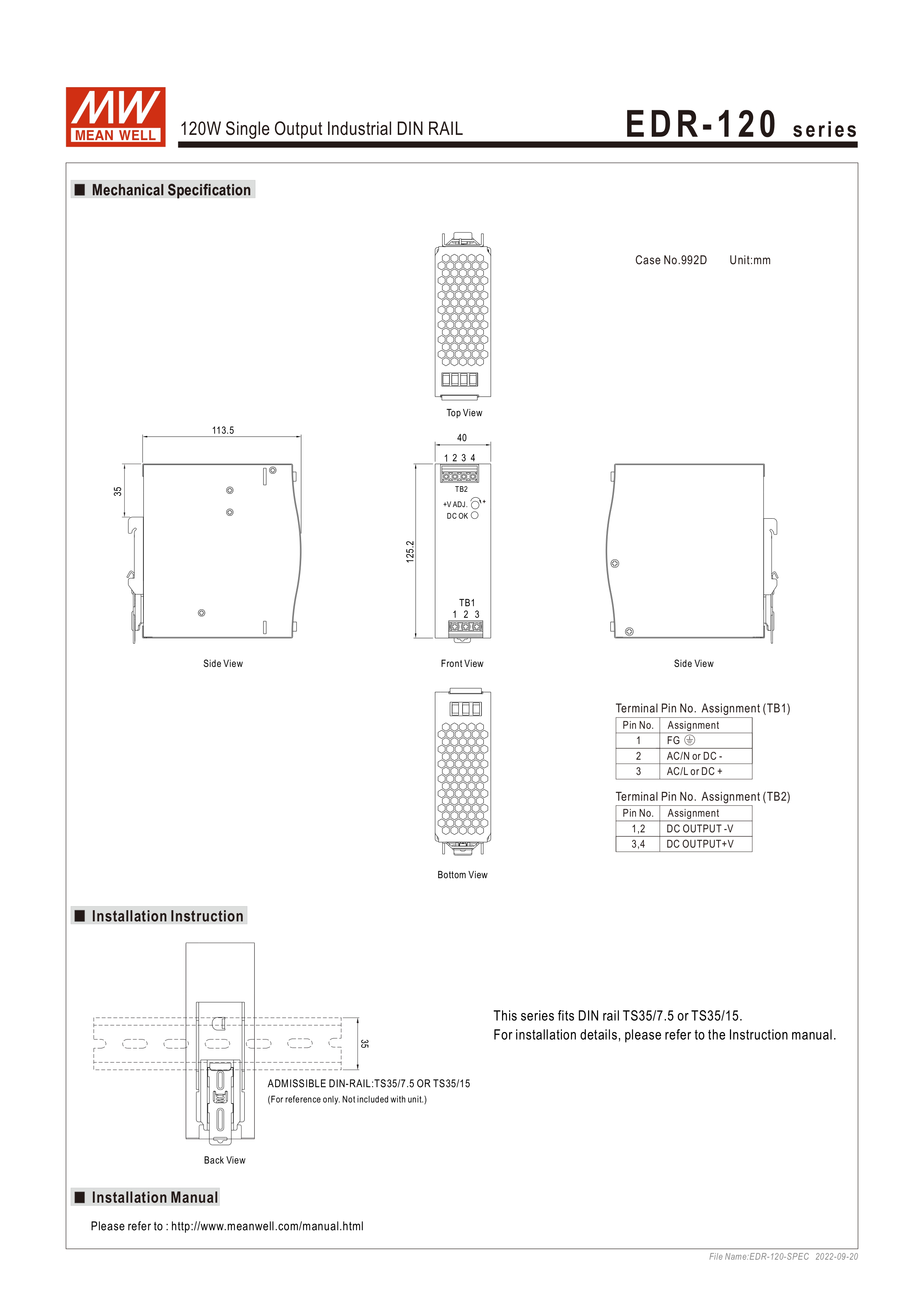 Meanwell สวิทชิ่งเพาเวอร์ซัพพลาย 24V EDR-120-24 /120W/5A/ Input 220VAC