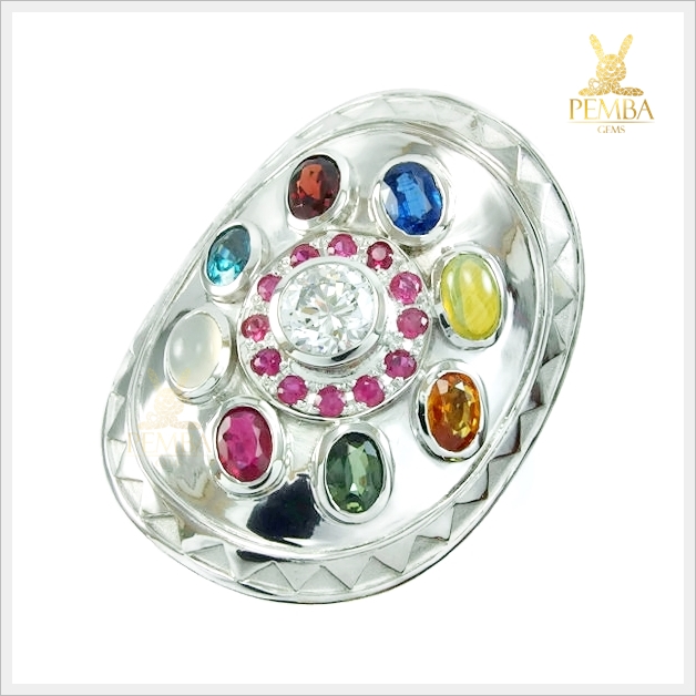 แหวนนพเก้า ตามตำรา เงินแท้925 ชุบทองคำขาว ไซส์ใหญ่พิเศษ