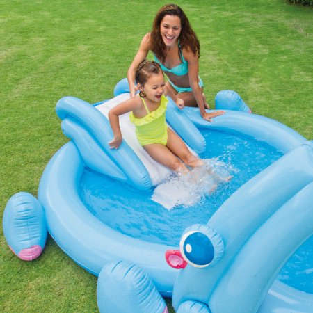 สระน้ำเป่าลมพร้อมสไลเดอร์และน้ำพุ Intex Hippo Play Center