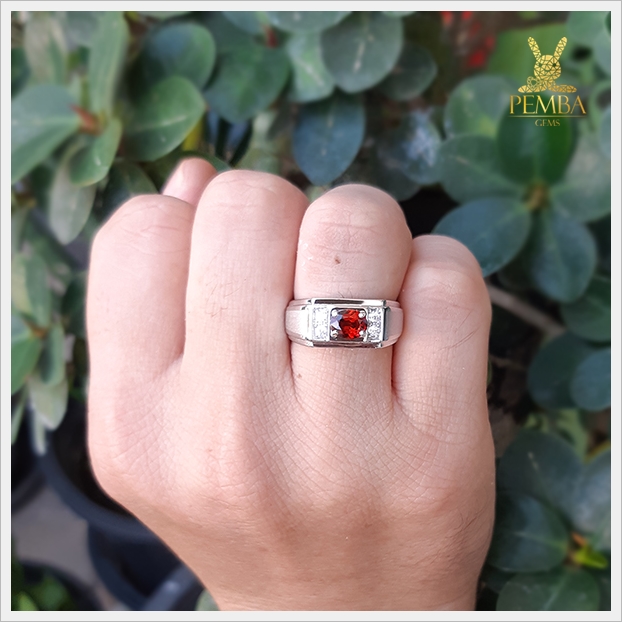 แหวนสเปสซาร์ไทต์ โกเมนสีส้มสวยใสหายาก เงินแท้925 ชุบทองคำขาว