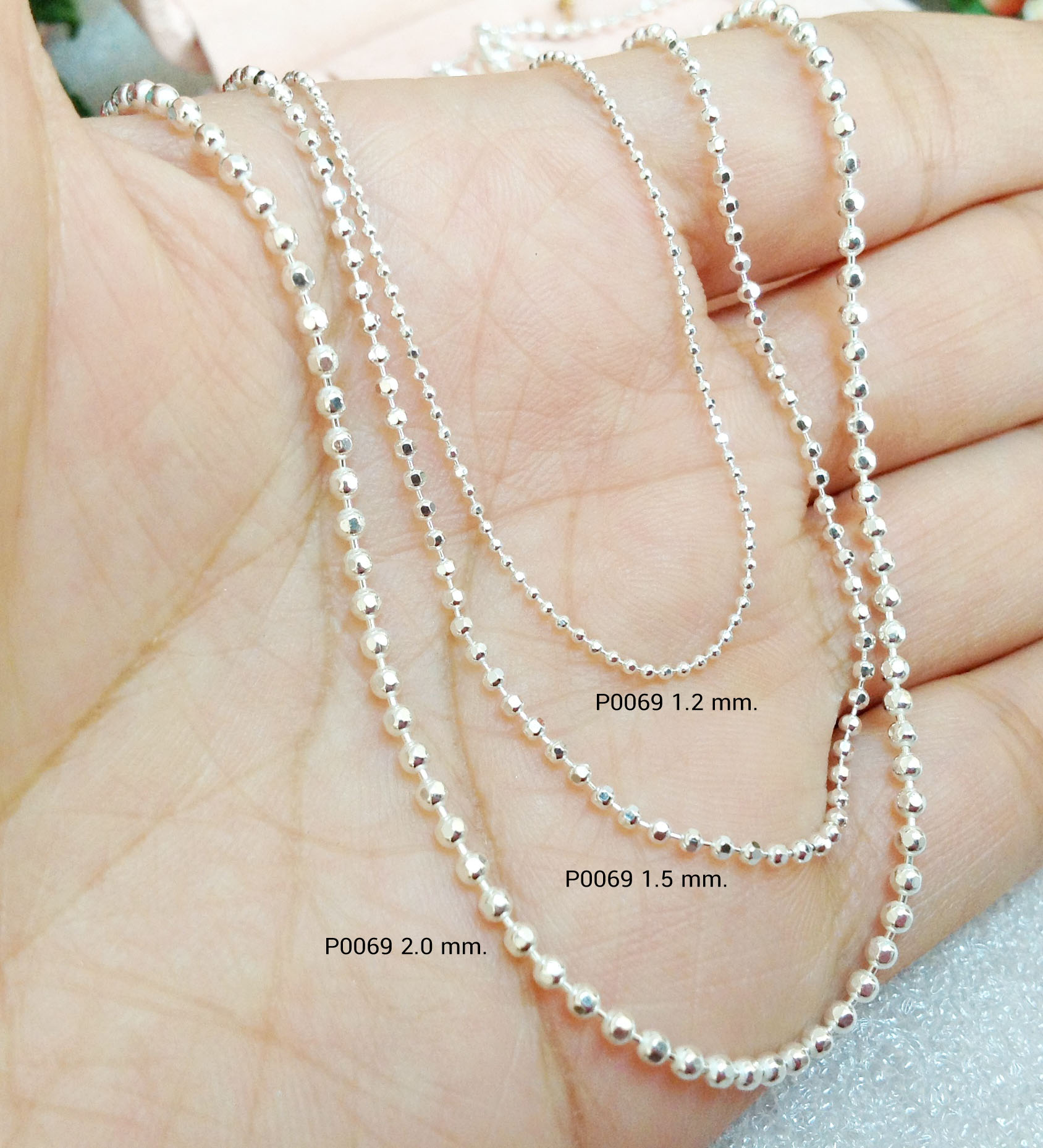 สร้อยเงินแท้ 92.5% ลายบอลตัดลาย ไข่ปลา ขนาด 1.5 มิล, 2.0 มิล, 3.0 มิล งานไทย (เฉพาะสร้อย ไม่รวมจี้)