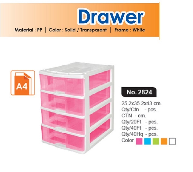 P10286 ลิ้นชัก 4 ชั้น A4 (กว้าง 25* ยาว 35* สูง 43 cm) เกรดเอ หนา สีสวย No.2824 ราคาส่งต่อ 12 ชุด: เฉลี่ย 300/ชุด ขายส่งพลาสติกเกรดห้าง
