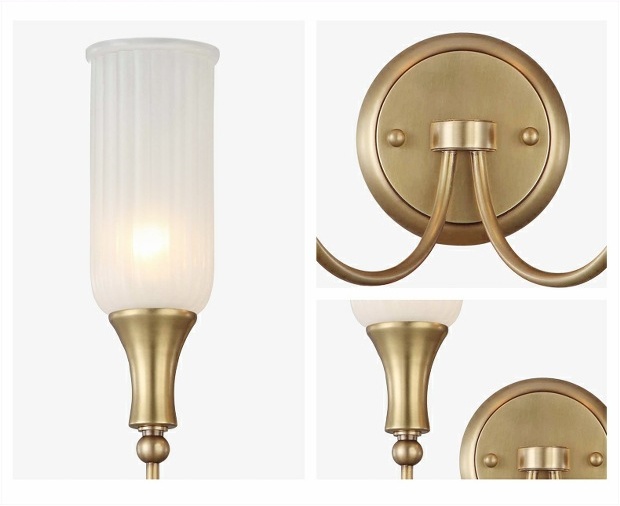 โคมไฟติดผนังภายในสไตล์คลาสสิกโครงสีทองเหลืองโป๊ะแก้วสีขาวขุ่นทรงกระบอกตั้งลายลอนเส้นตรง [TS424]