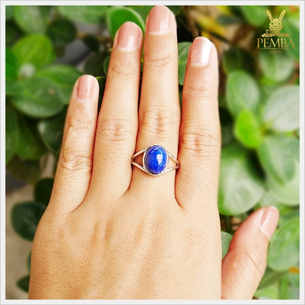 แหวนลาพิสลาซูลี เงินแท้925 ชุบทองคำขาว เรียบๆ ดูดีมีสไตล์