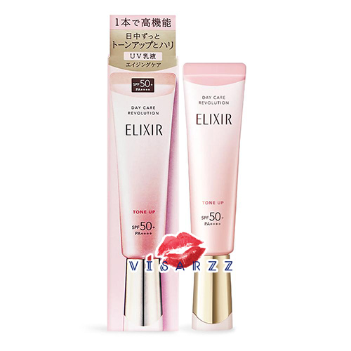Shiseido Elixir Day Care Revolution Tone Up SPF50+ PA++++ 35g ครีมกันแดดเนื้อบางเบา ที่เป็นทุกอย่างอันหลากหลาย ด้วยคุณสมบัติเมคอัพไพร์มเมอร์ที่ปรับสีผิวในตัว ผิวดูเนียนละเอียดอมชมพู กระจ่างใส