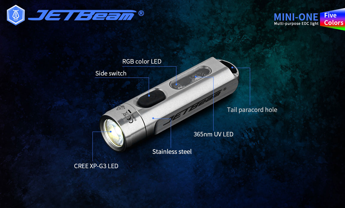 ไฟฉายขนาดเล็ก JetBeam MINI ONE หลอด XP-G3 500lumen 5สี แสงขาว + RGB + UV Type-C fast Charging