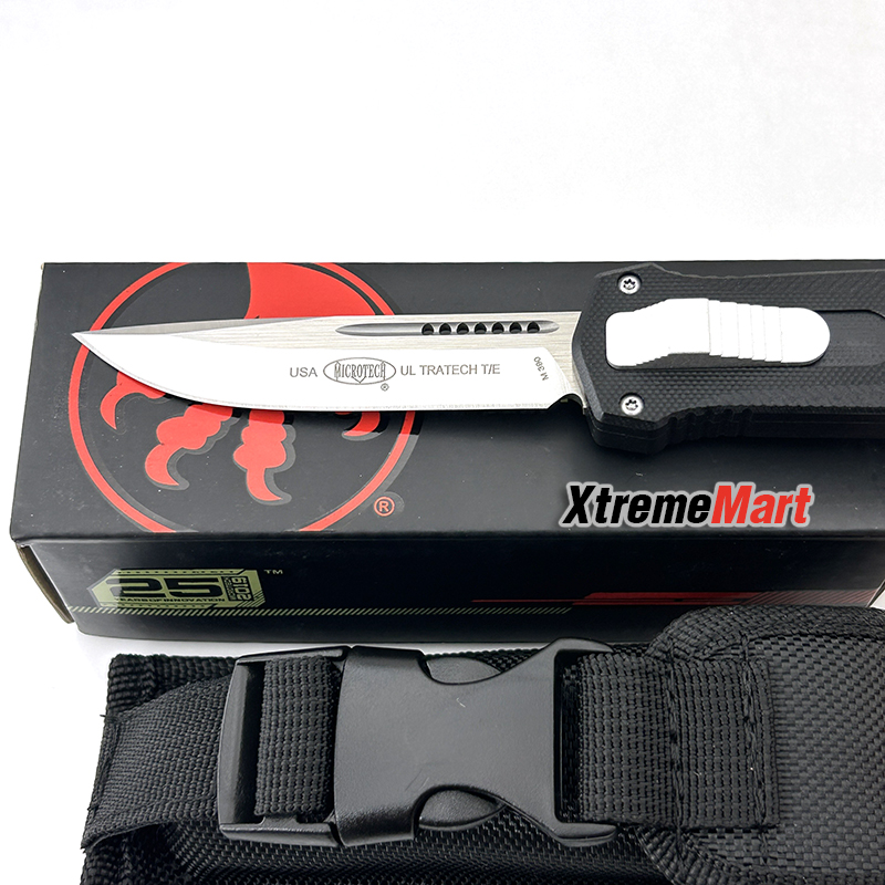 มีดสปริง Microtech (New Ultratech V2) คมเดียว ใบเงิน ด้ามดำ Combat Troodon Automatic Knife