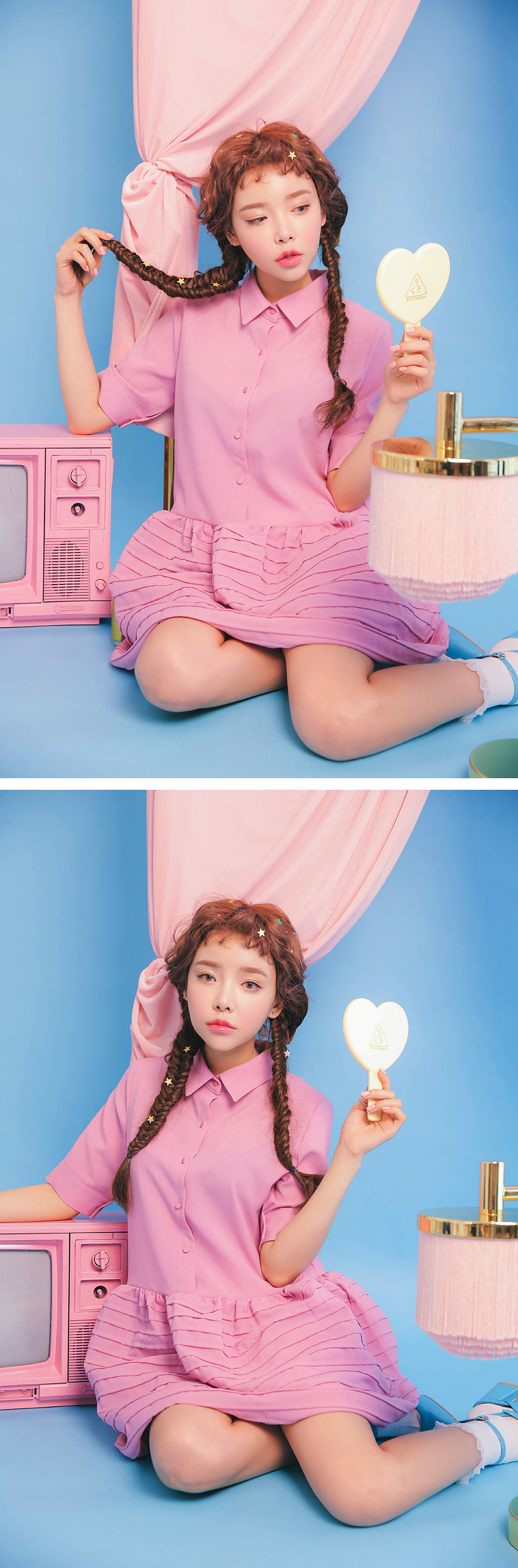 (#Yellow) 3CE Love 3CE Heart Hand Mirror กระจกแต่งหน้า รูปทรงหัวใจ สีพาสเทล น่ารักสดใส