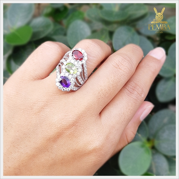 แหวนพลอยแท้ 3 สี อเมทิสต์ เพริดอต โกเมน ใส่ติดนิ้วเก๋ๆ แหวนพลอยแท้