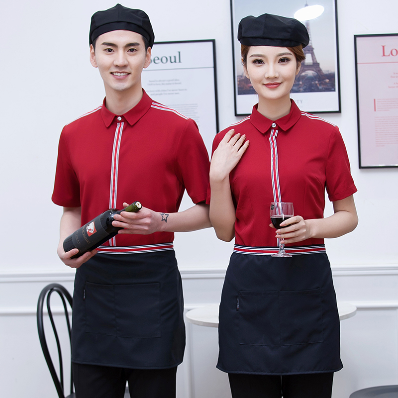 เสื้อพนักงานต้อนรับ เสื้อพนักงานเสริฟ เสื้อพนักงานร้านอาหาร เสื้อพนักงานร้านกาแฟ F6212008 ดำ แดง M-4XL