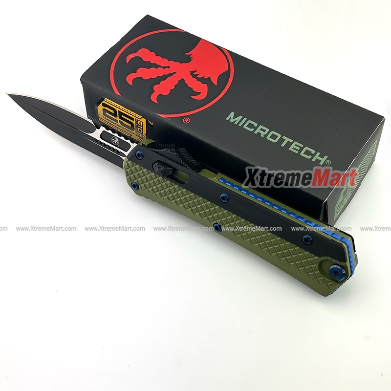 มีดสปริงขนาดใหญ่ Microtech (ด้ามอลูมินั่ม 2-Tone) 2คมเรียบ ใบดำ ด้ามเขียว คลิปสีน้ำเงิน Combat Troodon Automatic Knife