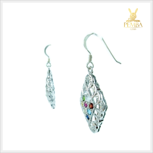 ต่างหูนพเก้า เงินแท้ ชุบทองคำขาว