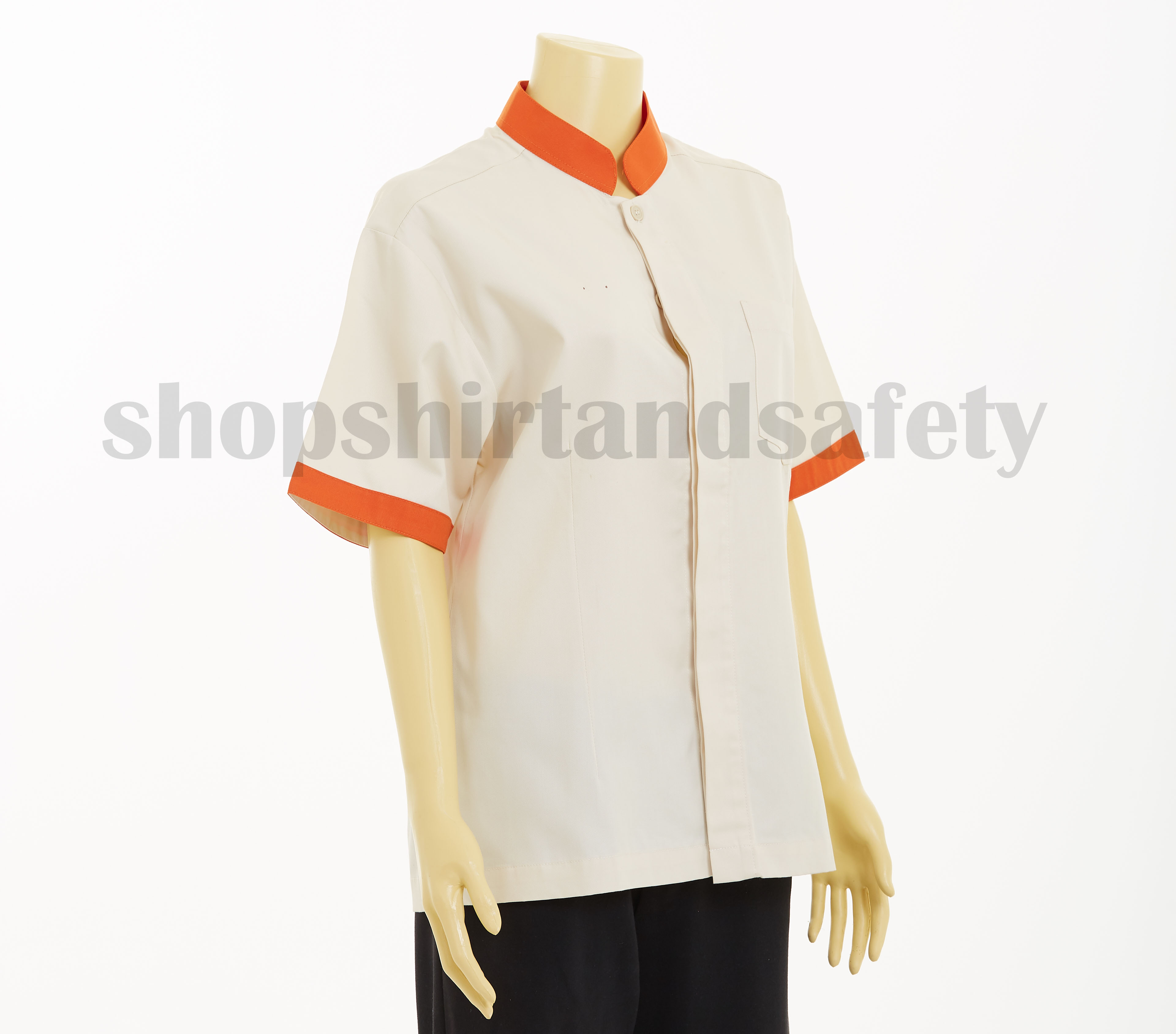 เสื้อแม่บ้านแขนสั้นคอจีนแบบสีครีมกุ้นส้ม