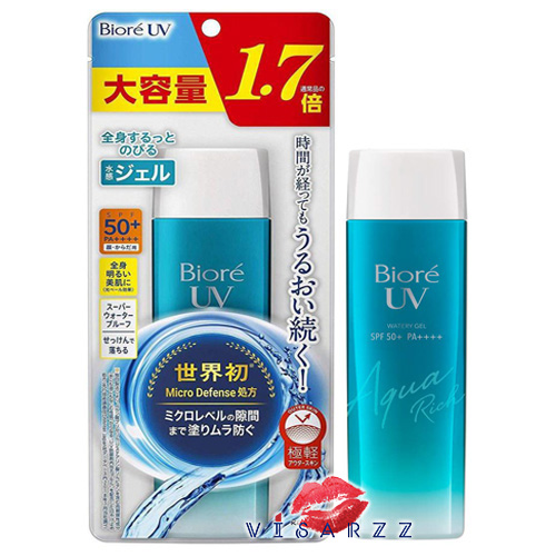 (รุ่นใหม่2019) Biore UV Aqua Rich Watery Gel Micro Defense SPF 50+ PA++++ 155mL ครีมกันแดดบีโอเรเนื้อเจลรุ่นใหม่ สูตรใหม่ ที่เพิ่มประสิทธิการกันน้ำ Super waterproof สามารถกันน้ำกันเหงื่อได้ถึง 80 นาที สำหรับปกป้องผิวหน้าและผิวกาย จาก UVA และ UVB